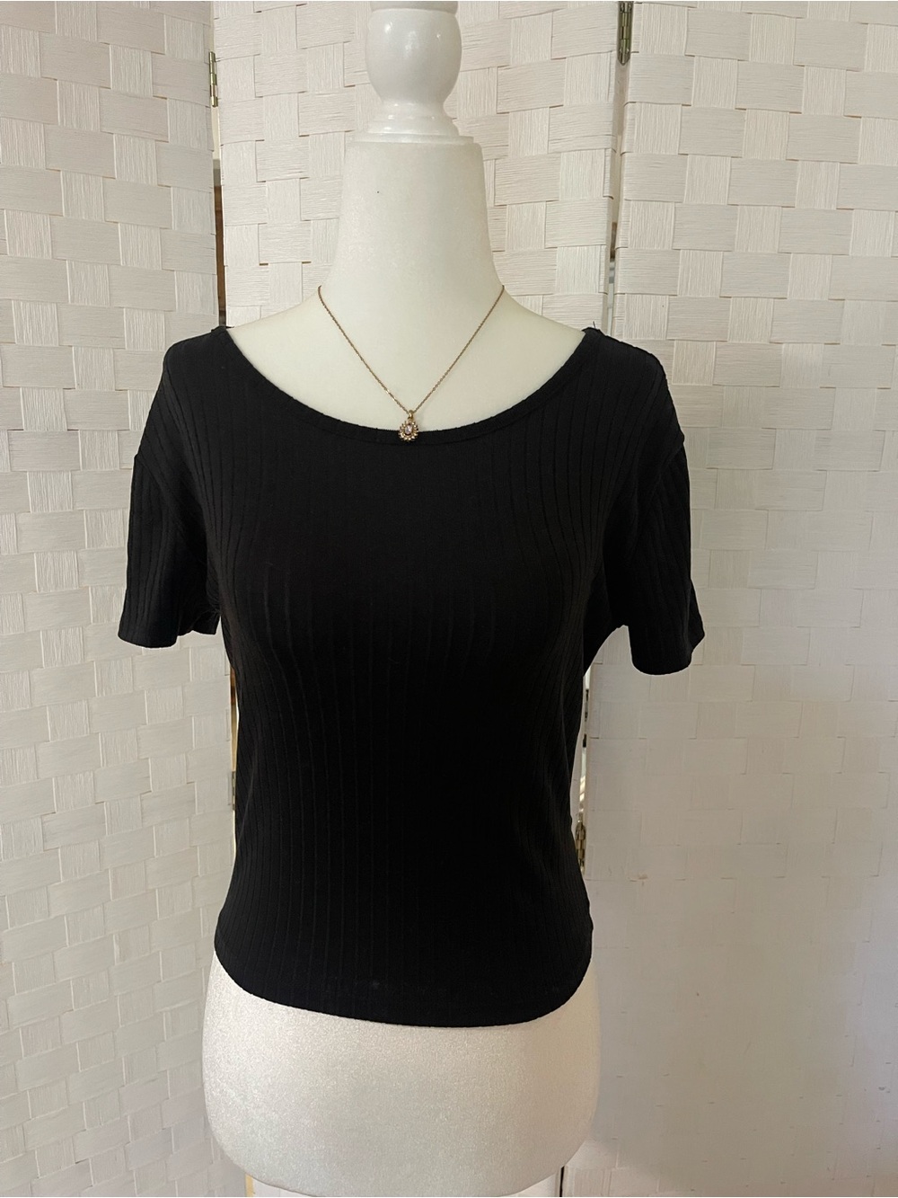 Ribbed Black Scoop Neck Short Sleeve Top